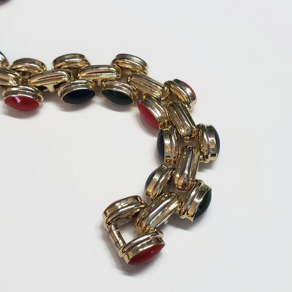 Vintage Navy Blue Red & Green Enamel Gold Tone Link Bracelet 8" - Picture 6 of 8